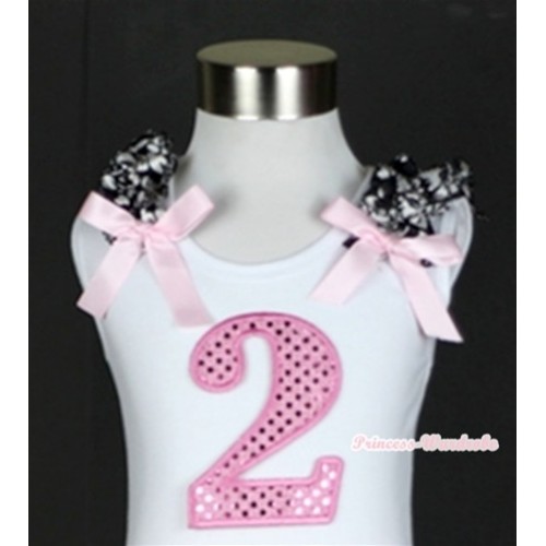 White Tank Top With 2nd Sparkle Light Pink Birthday Number Print With Damask Ruffles& Light Pink Bows TB246 